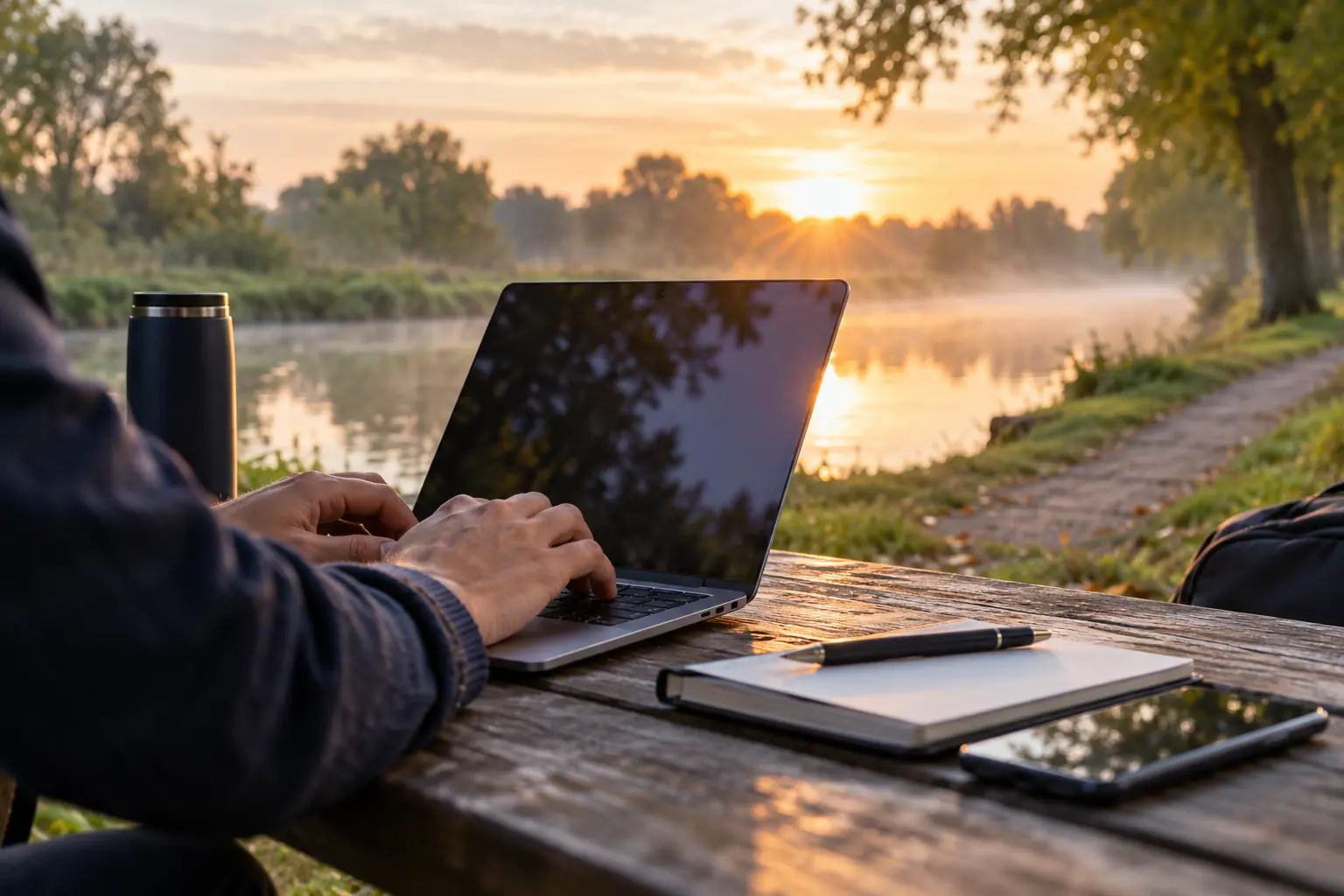 Mains tapant sur un ordinateur portable posé sur une table de pique-nique au bord d'une rivière brumeuse à l'aube